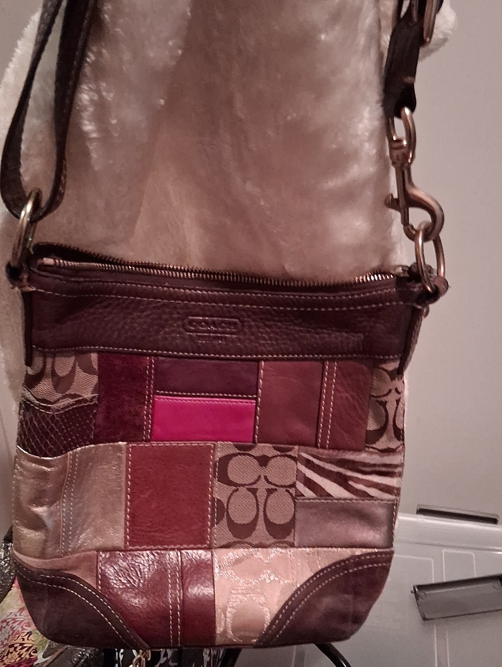 Coach Patchwork Crossbody Bag in Brown and Pink Accent